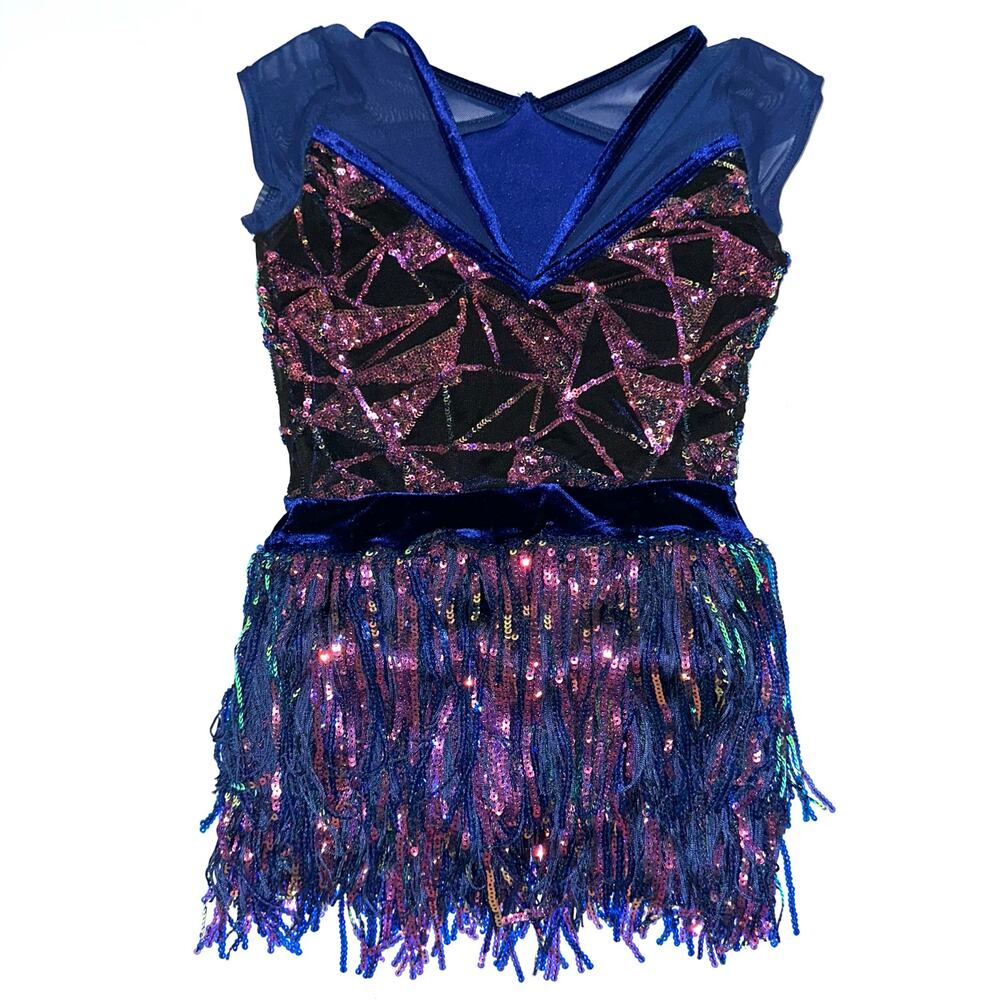 Weissman Showtime Girls ‘Misbehave’ Dance Blue Velvet Sequin Fringe Dress SC - Picture 11 of 16